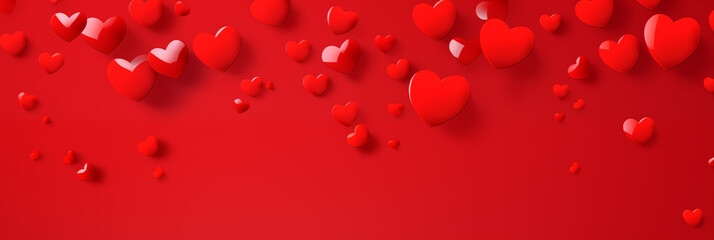 Red hearts on red background banner. Valentine's Day. Panoramic web header with copy space. Wide screen wallpaper.