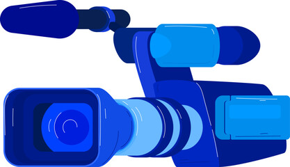 Professional blue video camera. Digital camcorder equipment for filming. Broadcasting technology vector illustration.