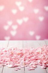 Obraz premium Pink rose petals on white wooden table with heart bokeh background.