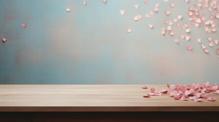 Wooden table top with pink rose petals on blue background.