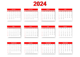 Year 2024 colorful calendar on white background. Vector template. Week starts on Sunday. Desktop planner in simple clean style. English vector calendar layout.