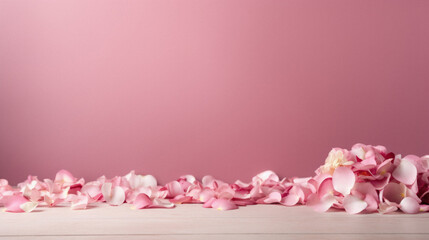 Pink rose petals on wooden table over pink background with copy space.