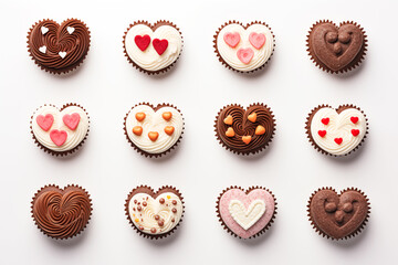 Sweet cupcakes in form of hearts on white background. - obrazy, fototapety, plakaty