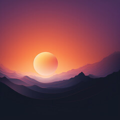 Ilustracion de paisaje con montañas, sol de tonos anaranjados y sombras
