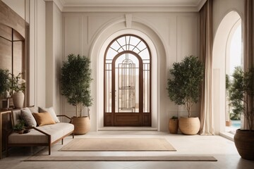 Mediterranean interior design of modern entrance hall with grid door.