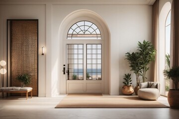 Fototapeta na wymiar Mediterranean interior design of modern entrance hall with grid door.