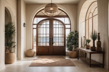 Mediterranean interior design of modern entrance hall with grid door.