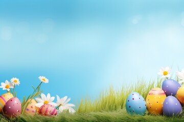 Easter banner with colorful eggs, grass and flowers, with empty copy space Generative AI