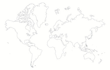 Stylized world map with continents in linear style. World map with all continents in a simple and modern style.