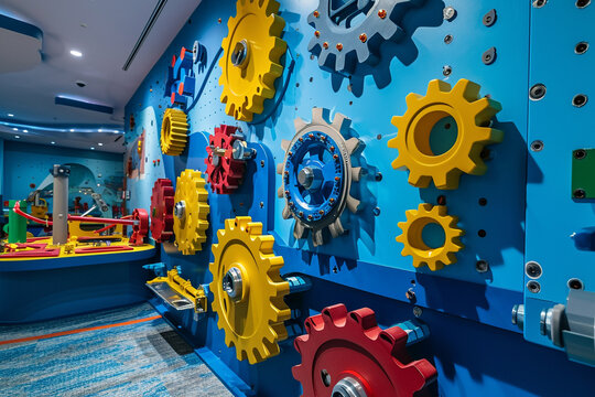 A playroom featuring a wall with magnetic gears and cogs for building and exploring mechanics