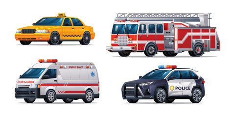 Set of emergency vehicles. Taxi, fire truck, ambulance and police car. Official emergency service vehicles vector illustration