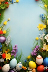Naklejka na ściany i meble Easter banner with colorful eggs, grass and flowers, with empty copy space Generative AI