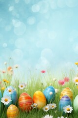 Easter banner with colorful eggs, grass and flowers, with empty copy space Generative AI