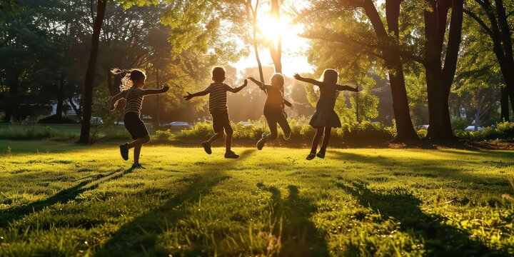 Four children joyfully leap and bound across the grassy park field, basking in the enchanting play of beautiful light and shadows.