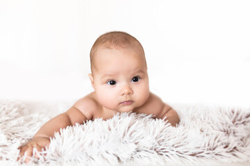 Portrait of an infant on a white background. Portrait of a baby lying on his belly against a white background