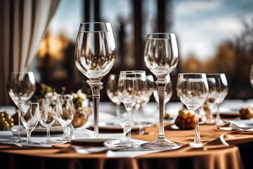 Empty wine glass on the table before banquet.  