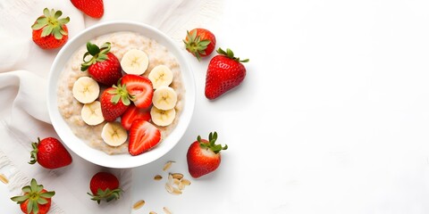Bowl of oatmeal porridge with strawberry and banana on white table top view. Healthy and diet...