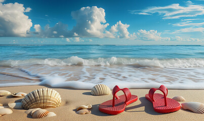 Flip flops on the beach shore. Design with space to place text.