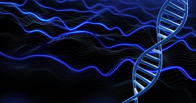 Animation of dna strand spinning with copy space and blue light trails over black background