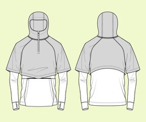 Therma Sphere Packable Running Tech activewear 
raglan Hoodie Zip Through, Men Fleece Top fashion flat sketch template. Technical Fashion