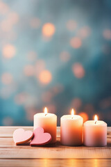 Fototapeta na wymiar Burning candles with hearts on wooden table on bokeh background.