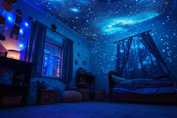 A playroom with a ceiling projector displaying stars and constellations, creating a night sky effect