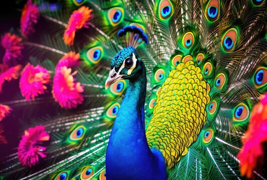 Majestic Peacock Displaying Vibrant Feather Plumage