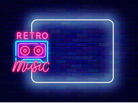 Retro music neon invitation. Back to 80s, 90. Event greeting card. Empty white frame and typography. Vector illustration