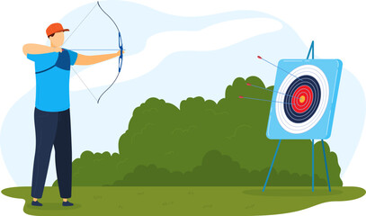 Man in casual clothes aiming with a bow at target, archery practice outdoors. Hobby and leisure activity, focus and concentration concept vector illustration. © Seahorsevector