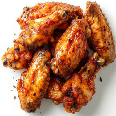 Grilled chicken legs & wings close up on white background.