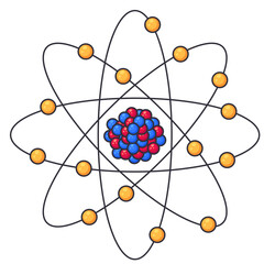 Illustration of atomic structure consisting of protons, neutrons and electrons. Symbol of nuclear energy and molecular chemistry.