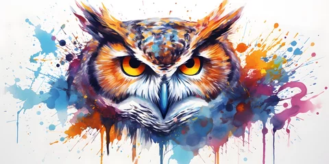 Foto auf Leinwand Watercolor owl close up with color splashes on white background © Ziyan Yang