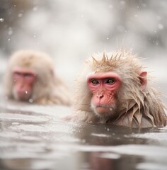 Fototapeta premium Monkeys Swimming Together in a Body of Water