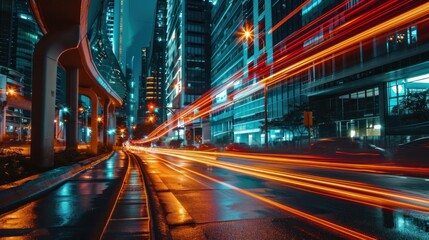 Fototapeta na wymiar Light trails on the modern building background. Light trails at night in urban environment, Abstract Motion Blur City, traffic, transportation, street, road, speed