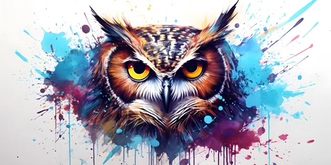 Fotobehang Watercolor owl close up with color splashes on white background © Ziyan Yang