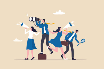 Recruitment, human resources searching for candidate, hiring or finding staff for vacancy, marketing search for client or customer concept, business people searching with binoculars and megaphone. - obrazy, fototapety, plakaty