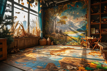 A playroom with a large, interactive floor puzzle, featuring animals and landscapes