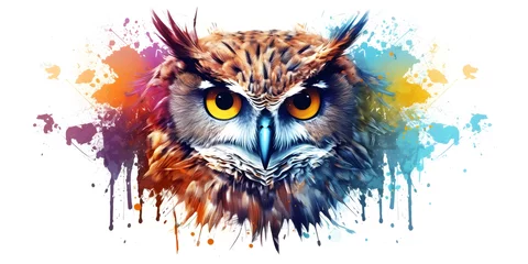 Raamstickers Watercolor owl close up with color splashes on white background © Ziyan Yang
