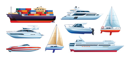 Set of sea ships and boats. Sailboat, speedboat, yacht and cargo ship collection. Vector illustration