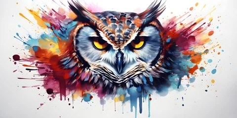 Zelfklevend Fotobehang Watercolor owl close up with color splashes on white background © Ziyan Yang