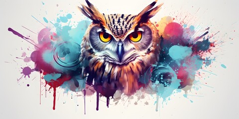 Watercolor owl close up with color splashes on white background - obrazy, fototapety, plakaty
