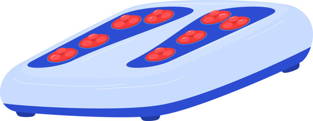 Blue electric foot massager with red buttons. Home relaxation and foot care appliance vector illustration.