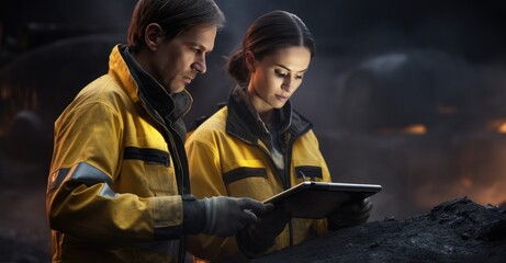 Obraz premium Man and Woman in Yellow Jackets Looking at Tablet