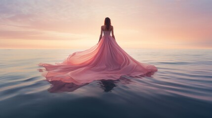 Fototapeta na wymiar Silhouette of a woman with a pink dress in the middle of the sea at sunset, calm, relax, wonder and joy, feminism, free spirit