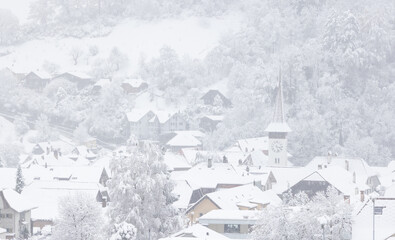 Fototapeta na wymiar Eingeschneites Dorf im Winter mit Frost
