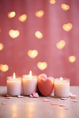Burning candles with hearts on wooden table on bokeh background.