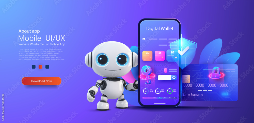 Poster Futuristic Robot with Digital Wallet Interface on Smartphone Screen - Secure Mobile Banking Concept. Fintech financial technology online payment digital economy concept. Vector illustration