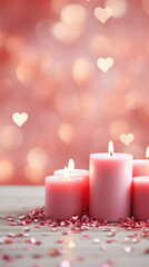 Burning candles with hearts on bokeh background, closeup.