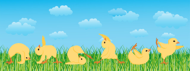 Cheerful chickens in a yoga pose on a spring landscape with sky and clouds. Children's card, illustration, vector.