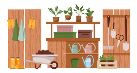 Gardening room, interior. Garden tools, farm clothes, boots, gloves, wheelbarrow and plants on the shelves. Illustration, vector
